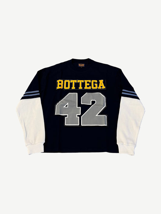 Bottega Desires navy football jersey longsleeve with yellow BOTTEGA and reflective 42 chest patches