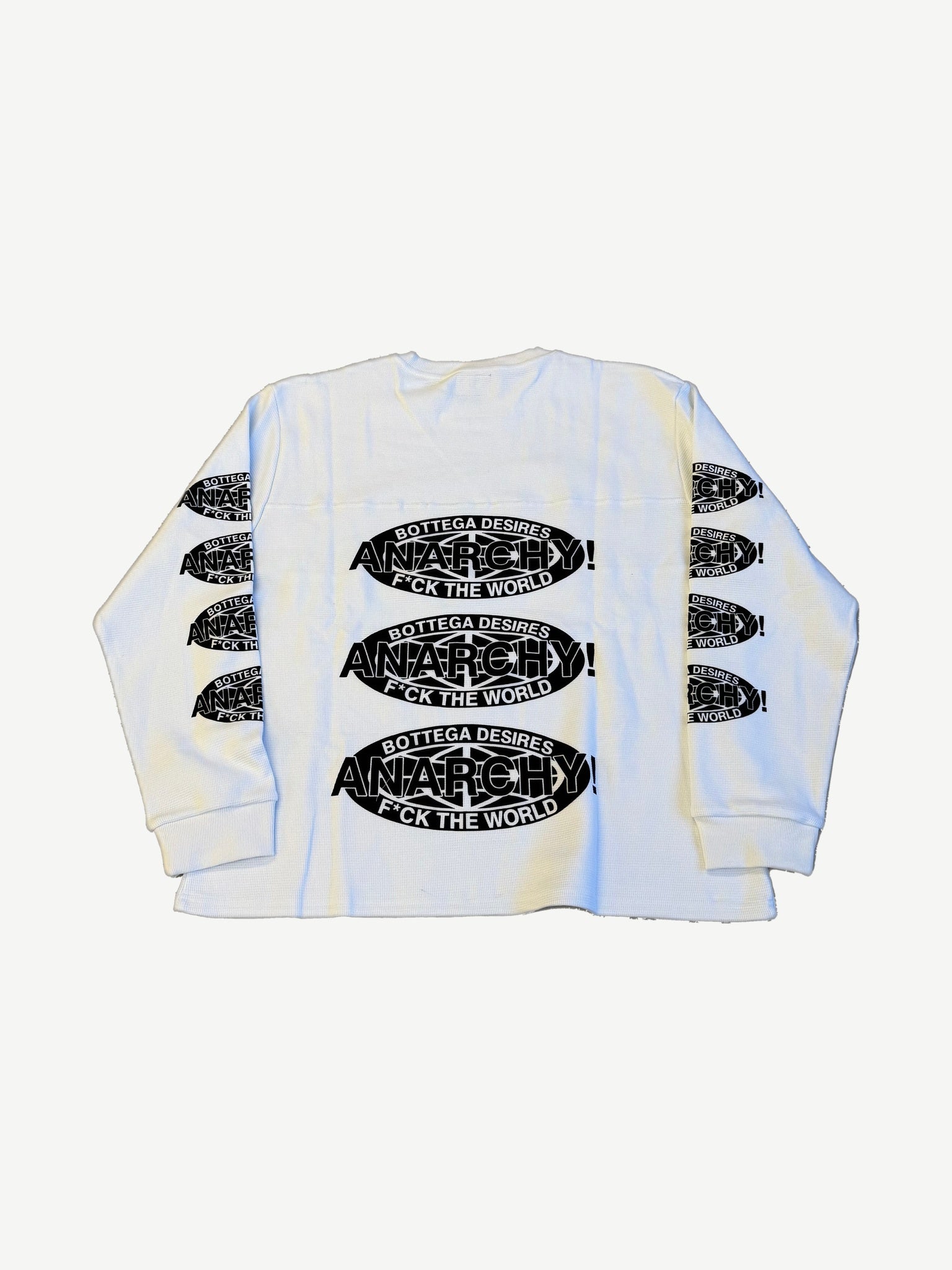 Bottega Desires Anarchy thermal back, stacked oval Anarchy F*ck The World prints down center and sleeves
