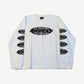 Bottega Desires white waffle thermal longsleeve with Anarchy oval logos across chest and down both sleeves
