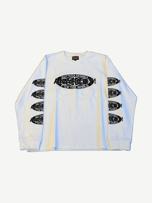 Bottega Desires white waffle thermal longsleeve with Anarchy oval logos across chest and down both sleeves