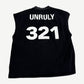 Bottega Desires Unruly cutoff tee back, faded black sleeveless with white block Unruly 321 print