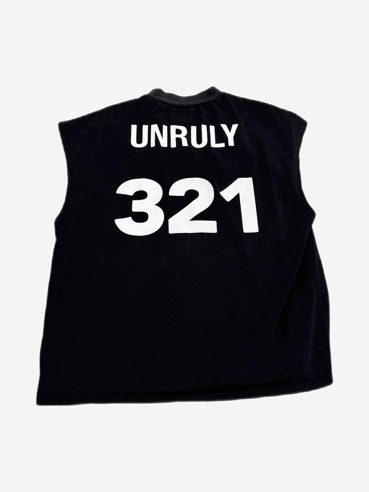 Bottega Desires Unruly cutoff tee back, faded black sleeveless with white block Unruly 321 print
