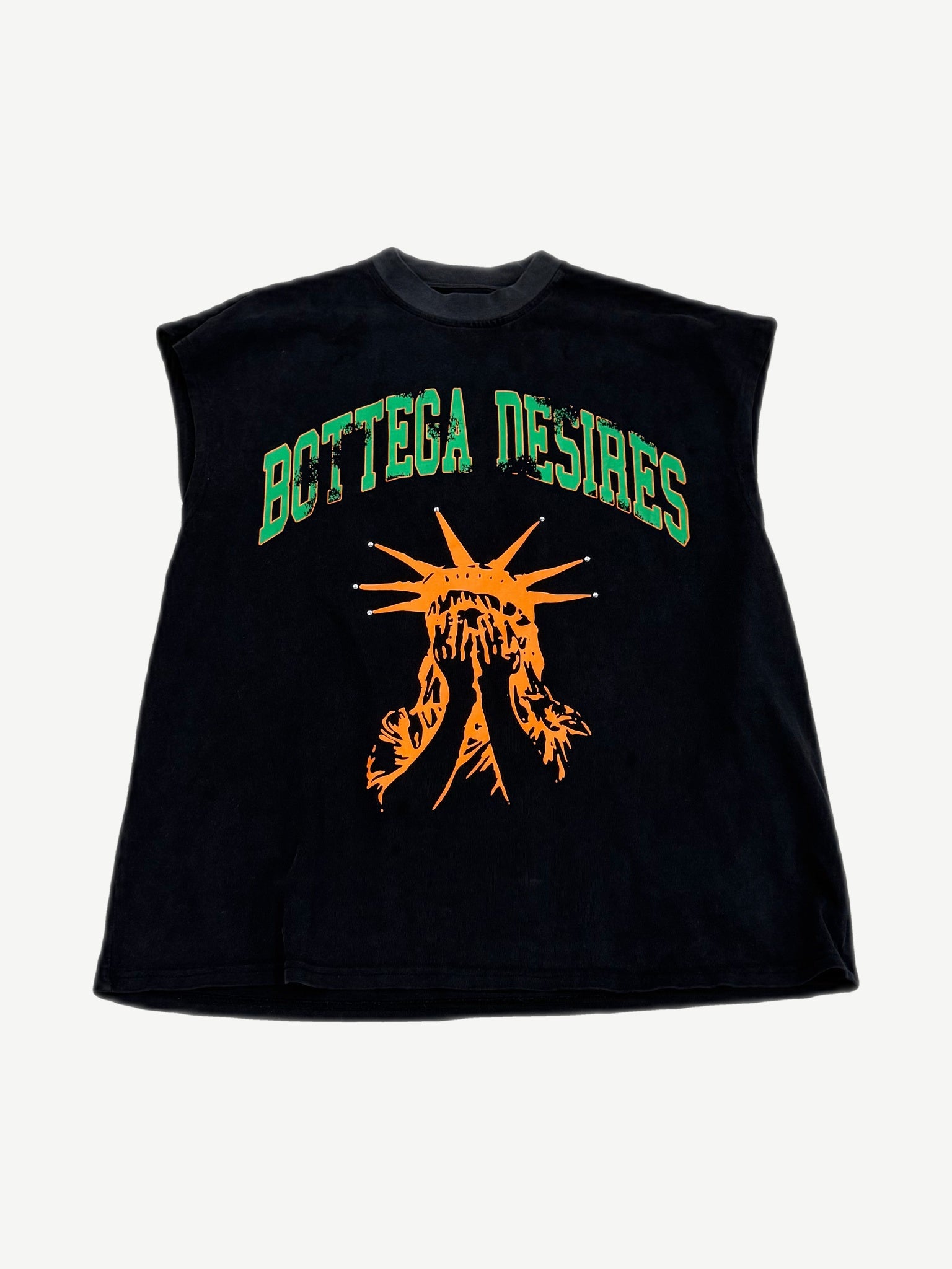 Bottega Desires Unruly sleeveless cutoff tee, faded black with green collegiate arch and Liberty graphic