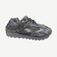 Bottega Veneta Orbit sneaker side profile in metallic silver with mesh panels and chunky lugged sole