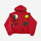 CPFM Cactus Plant Flea Market red zip-up hoodie with yin-yang, smiley flower and One Flower Leads to Another graphic