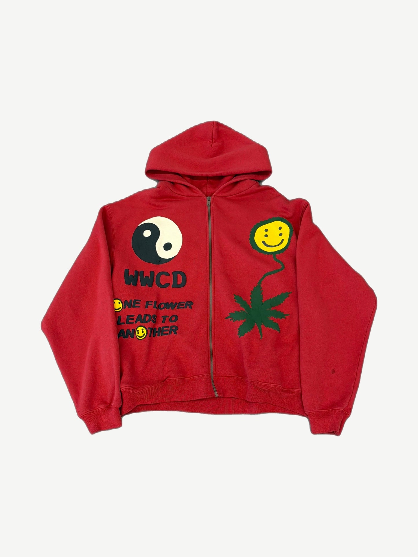 CPFM Cactus Plant Flea Market red zip-up hoodie with yin-yang, smiley flower and One Flower Leads to Another graphic