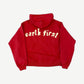 Back of CPFM red Earth First zip-up hoodie with large cream gothic earth first lettering arched across shoulders