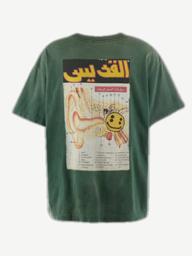 Cactus Plant Flea Market Saint Michael green tee back with Arabic ear anatomy diagram smiley graphic