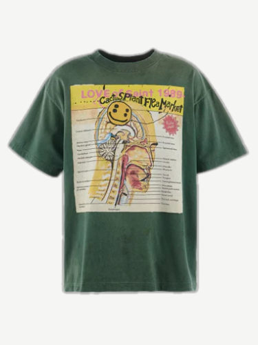 Cactus Plant Flea Market Saint Michael green tee with Love of Saint 1999 anatomy diagram graphic on front