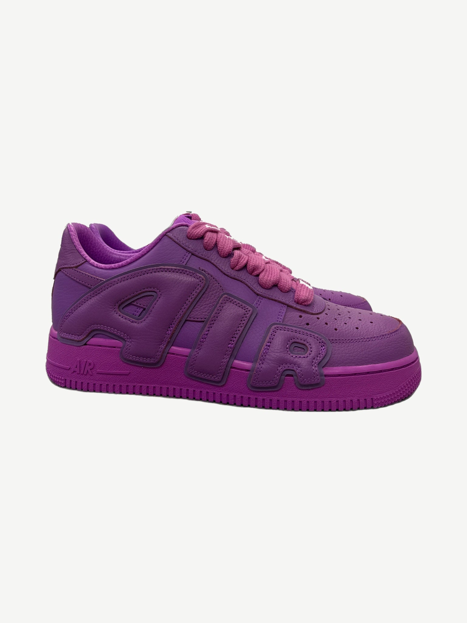 CPFM Nike Air Force 1 Low Fuchsia Dream side profile with oversized AIR lettering and pink laces