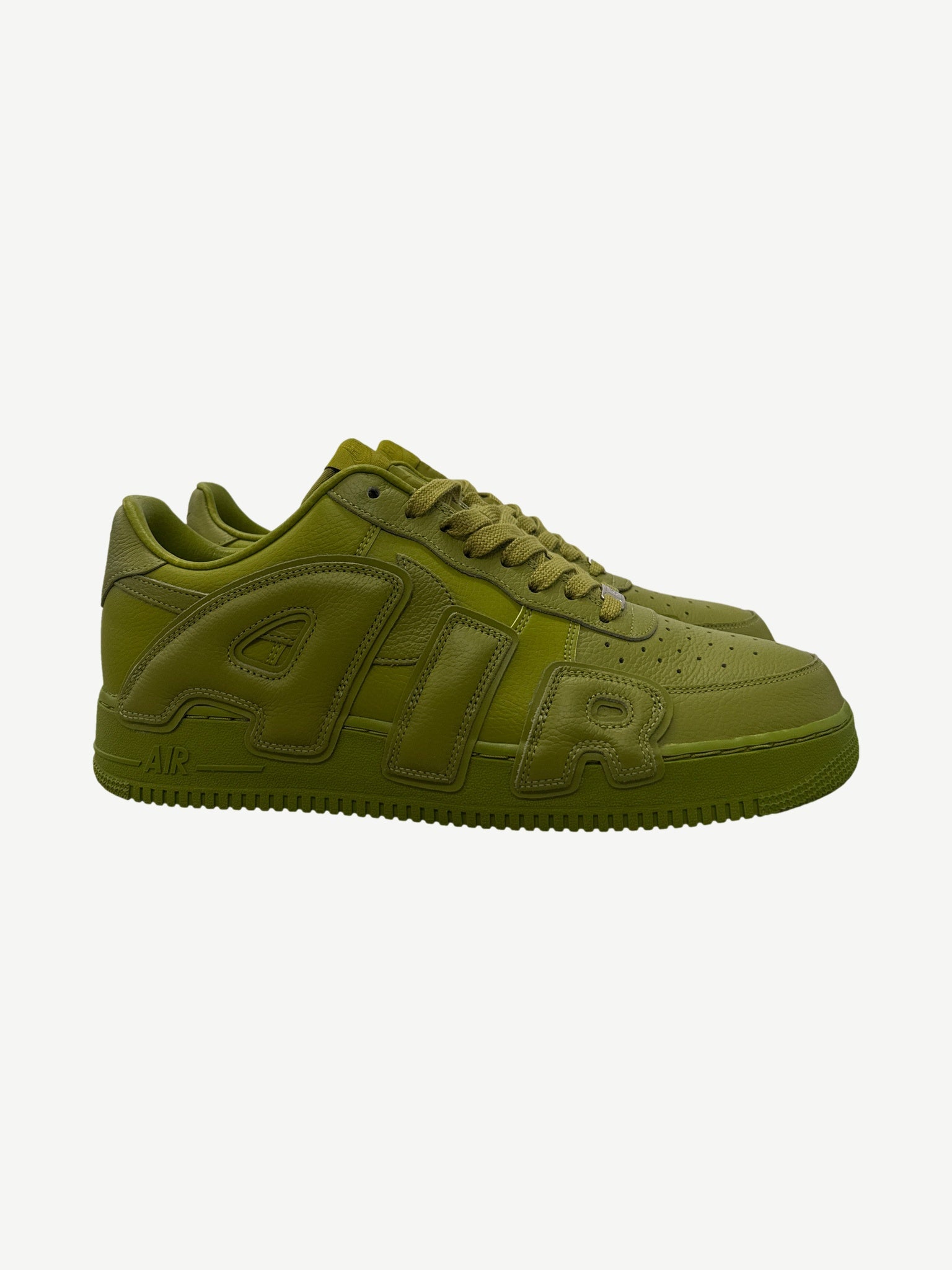 Cactus Plant Flea Market Moss green Nike Air Force 1 sneaker side with tonal puffy AIR overlay letters.