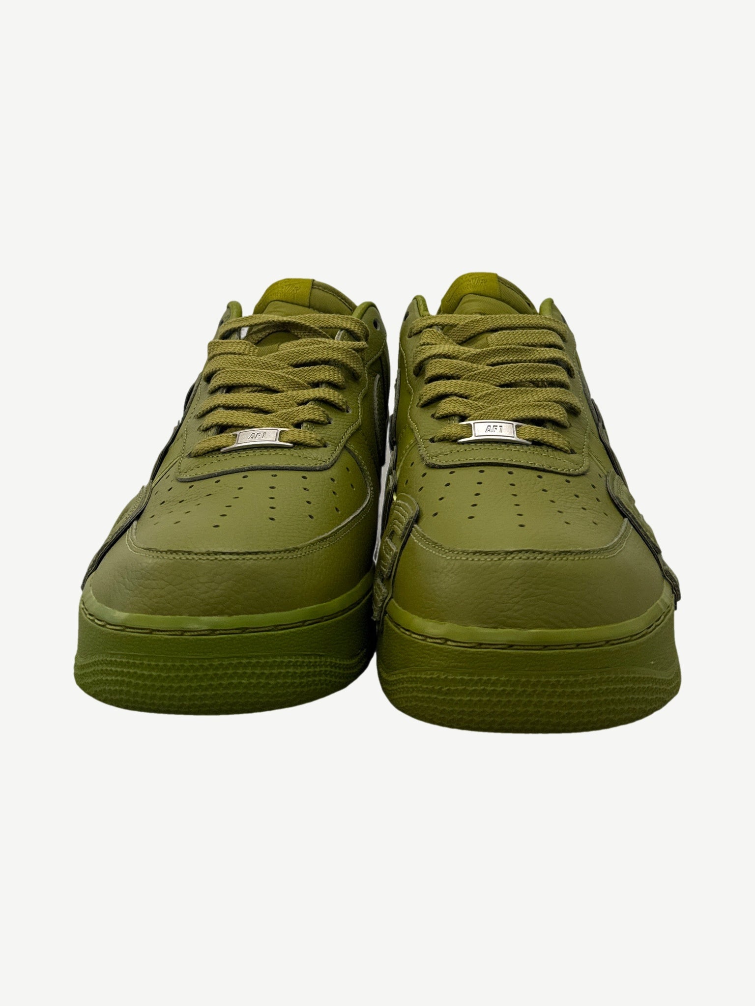 CPFM Moss Nike Air Force 1 sneaker pair front view with chunky tonal lacing and perforated toe box.
