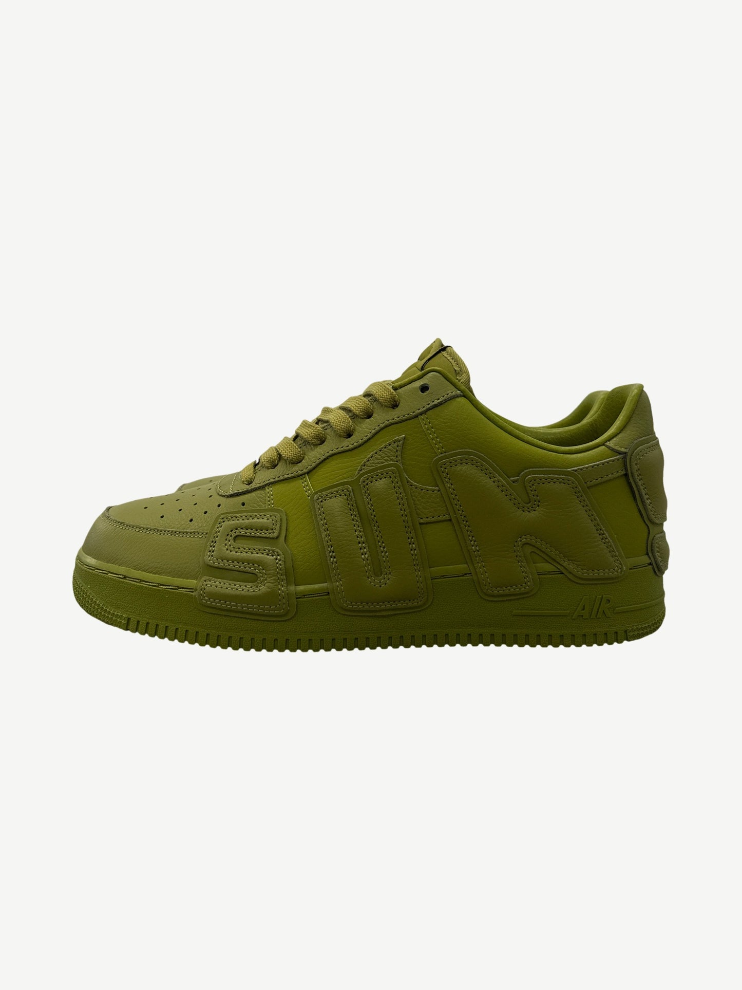 CPFM Moss Nike Air Force 1 side view with raised CPFM puff letters in matching moss green leather.