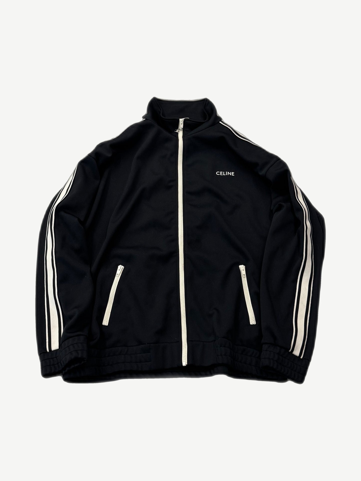 Celine black double face jersey tracksuit jacket front with full zip and contrast white side stripes.