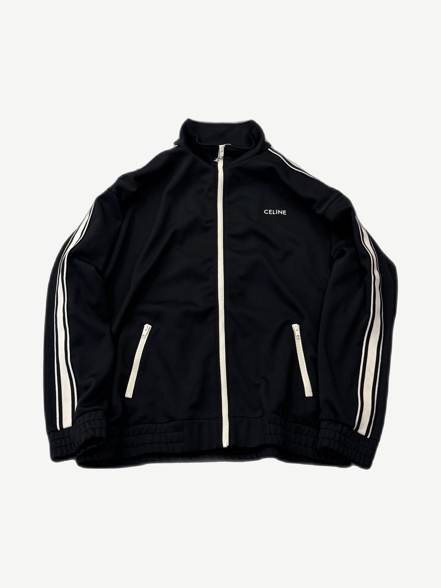 Celine black double face jersey tracksuit jacket front with full zip and contrast white side stripes.