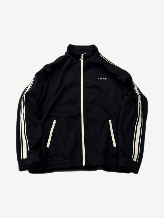 Celine black double face jersey tracksuit jacket front with full zip and contrast white side stripes.