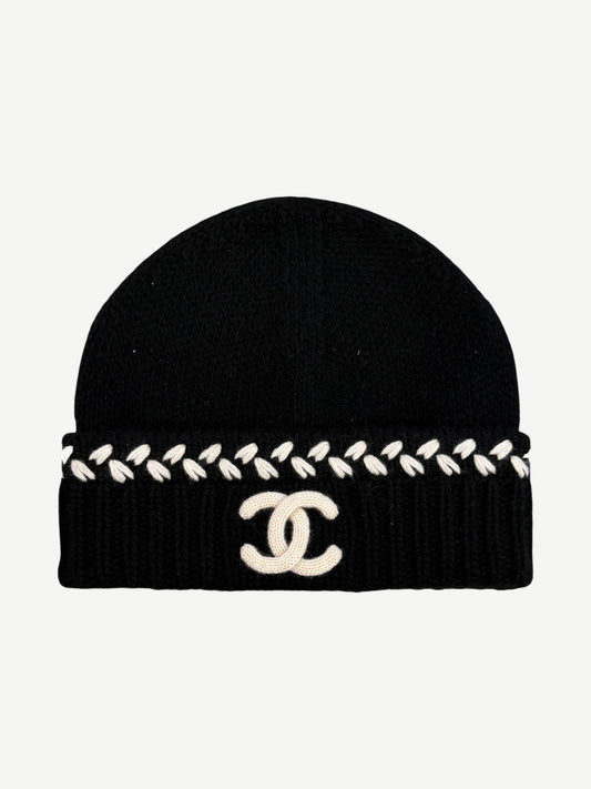 Chanel Black CC Embroidered Cashmere Beanie