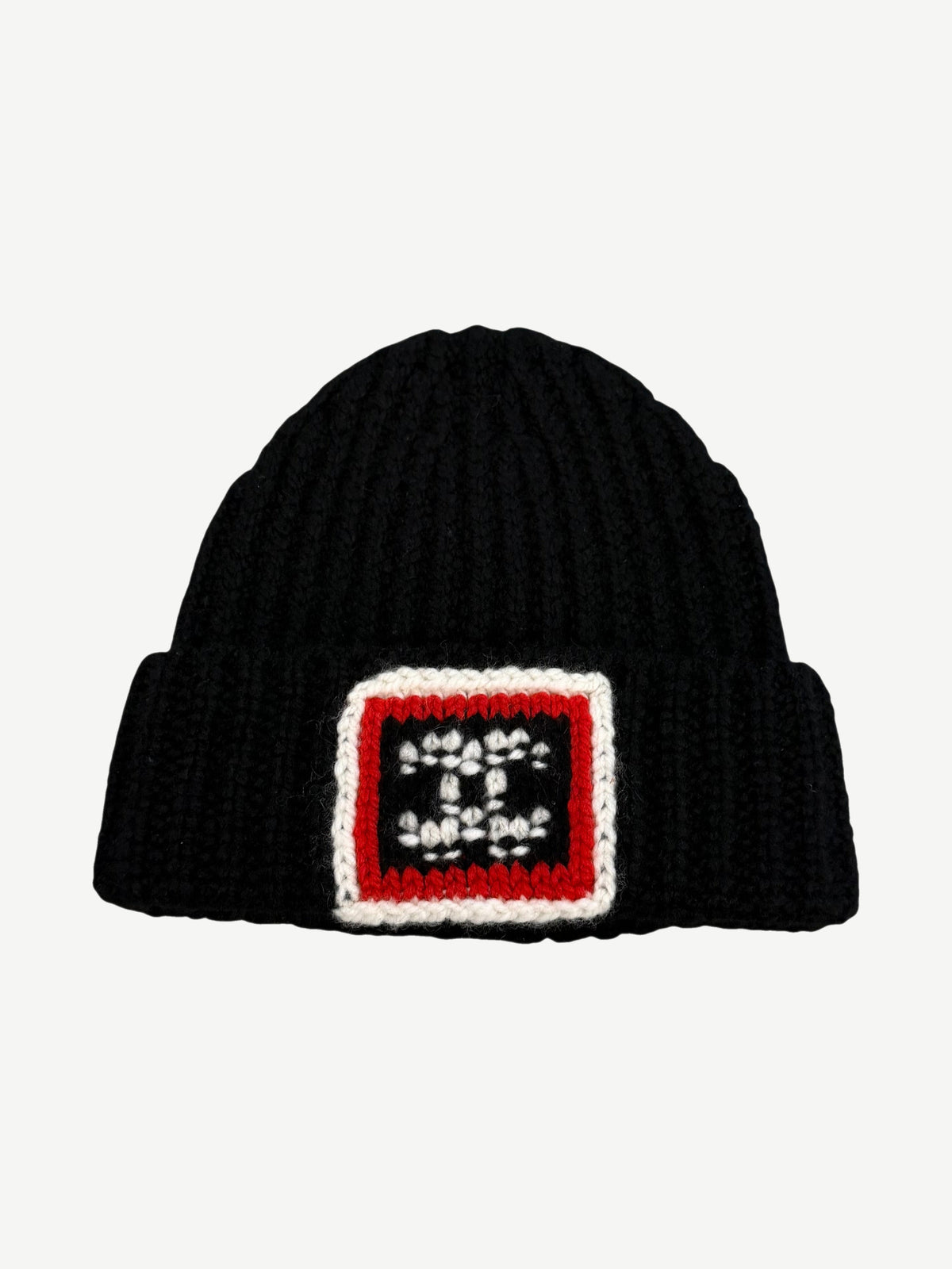 Chanel Black CC Square Emblem Ribbed Knit Cashmere Beanie