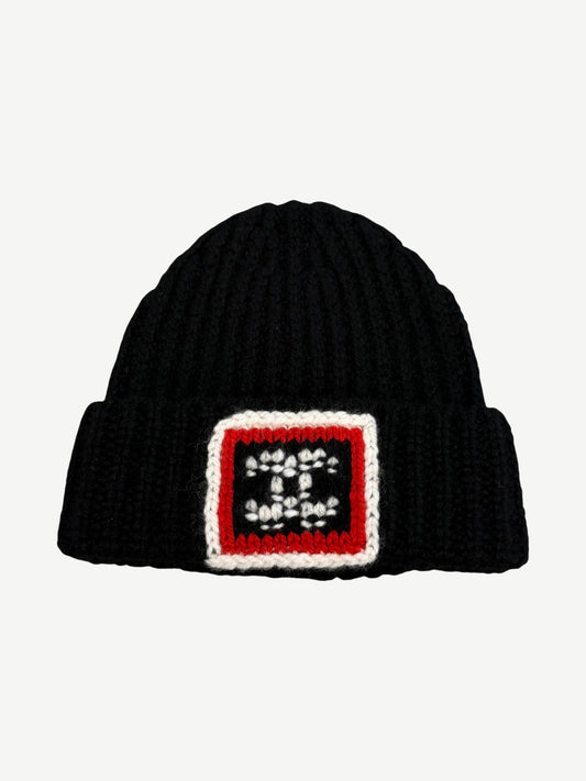 Chanel Black CC Square Emblem Ribbed Knit Cashmere Beanie