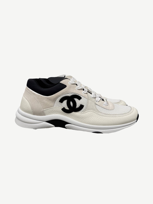 Chanel White Black Low Top Suede CC Trainer
