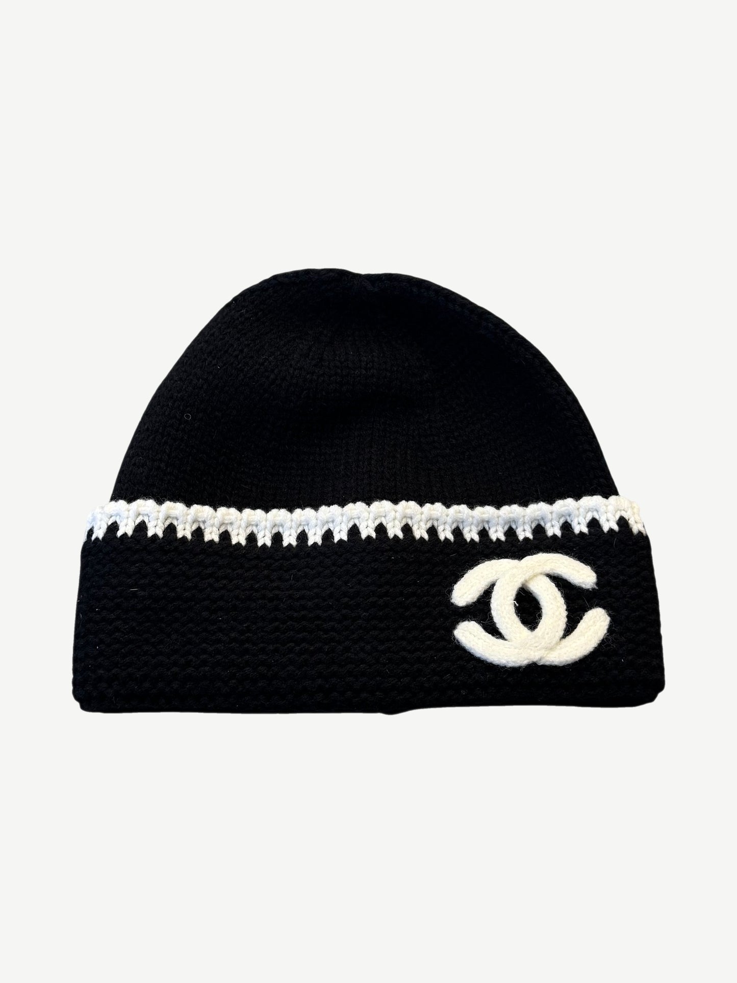 Chanel Black White Wool Knit Beanie