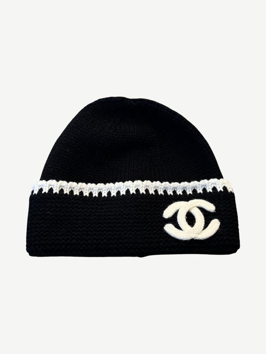 Chanel Black White Wool Knit Beanie