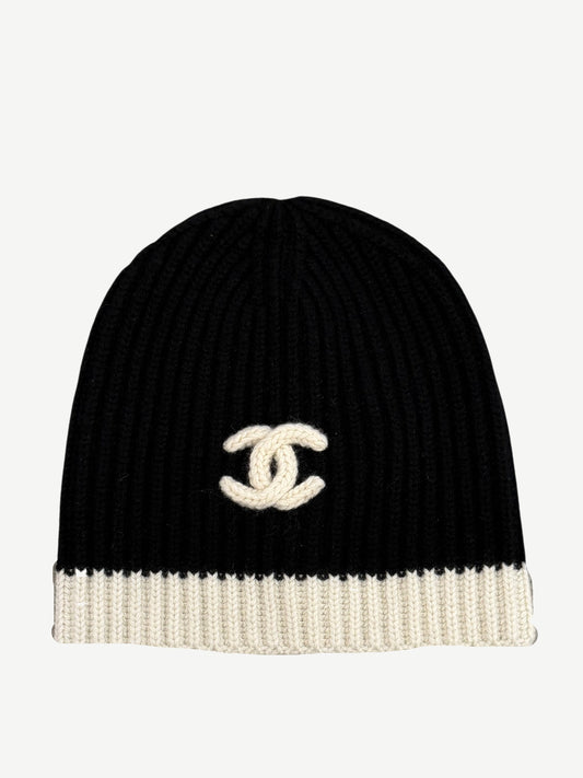 Chanel CC Black White Ribbed Knit Beanie