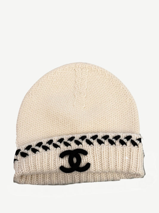 Chanel Cream CC Embroidered Cashmere Beanie