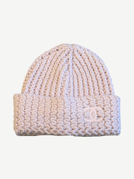 Chanel Light Pink Ecru Crocheted CC Cashmere Beanie