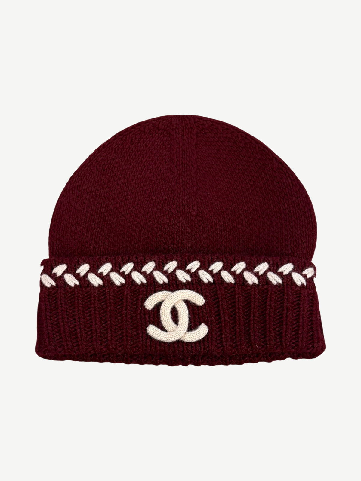 Chanel Maroon CC Embroidered Cashmere Beanie