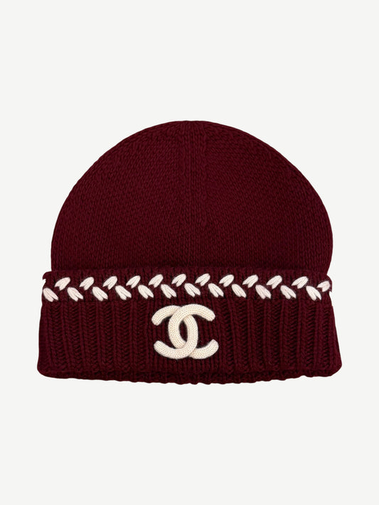 Chanel Maroon CC Embroidered Cashmere Beanie