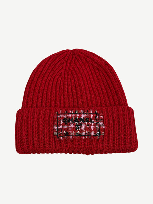 Chanel Red Pink Tweed Logo Patch Ribbed Knit Beanie