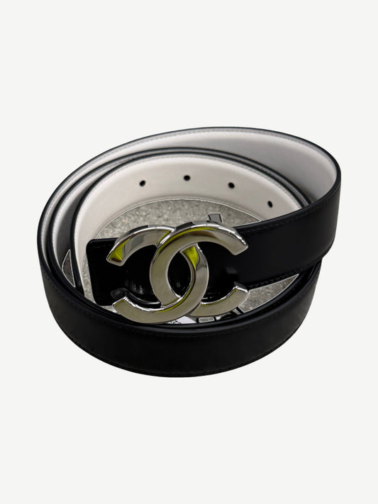 Chanel Silver CC Logo Leather Reversible Belt