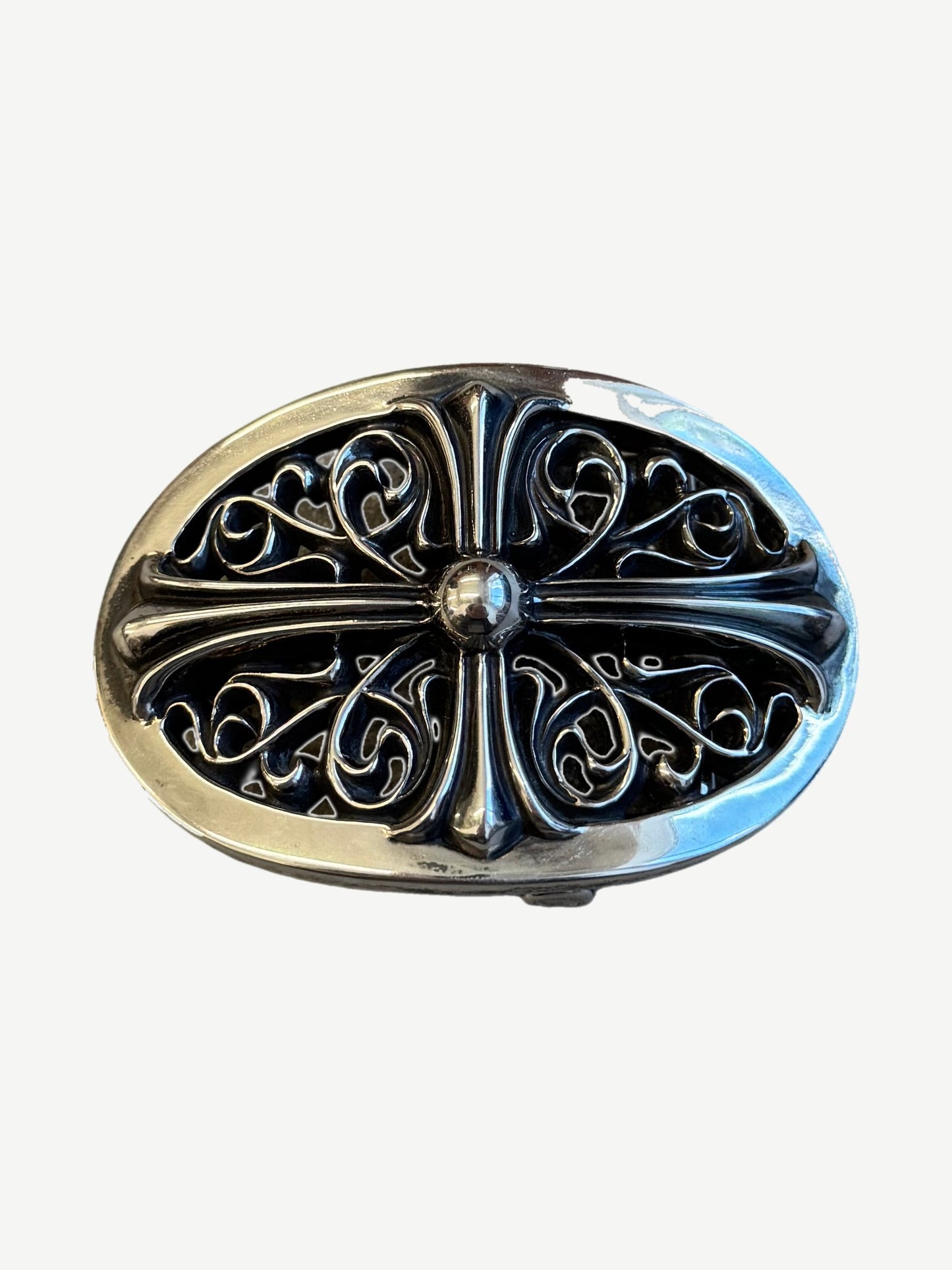 Chrome Hearts 1.5 inch oval silver belt buckle with engraved Floral Cross scrollwork in classic gothic motif