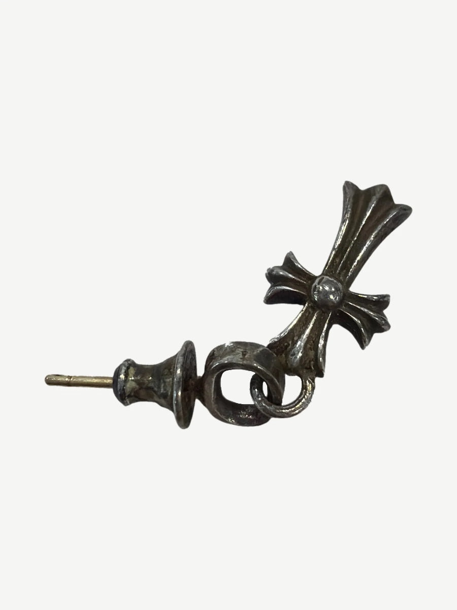 Chrome Hearts Babyfat cross earring alternate angle showing sterling silver post and engraved back hallmark.