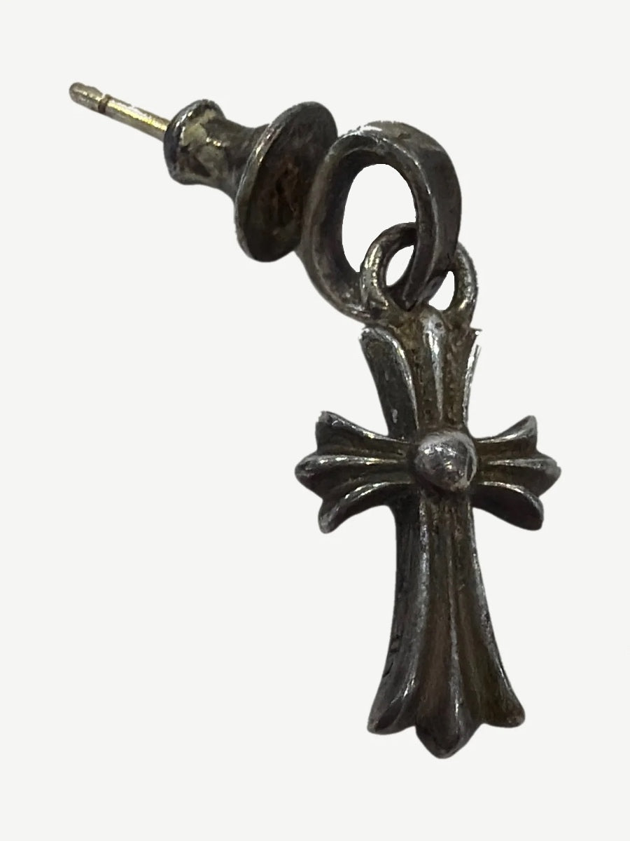 Chrome Hearts Babyfat cross earring in sterling silver, fleur-de-lis style cross stud with center bead detail.