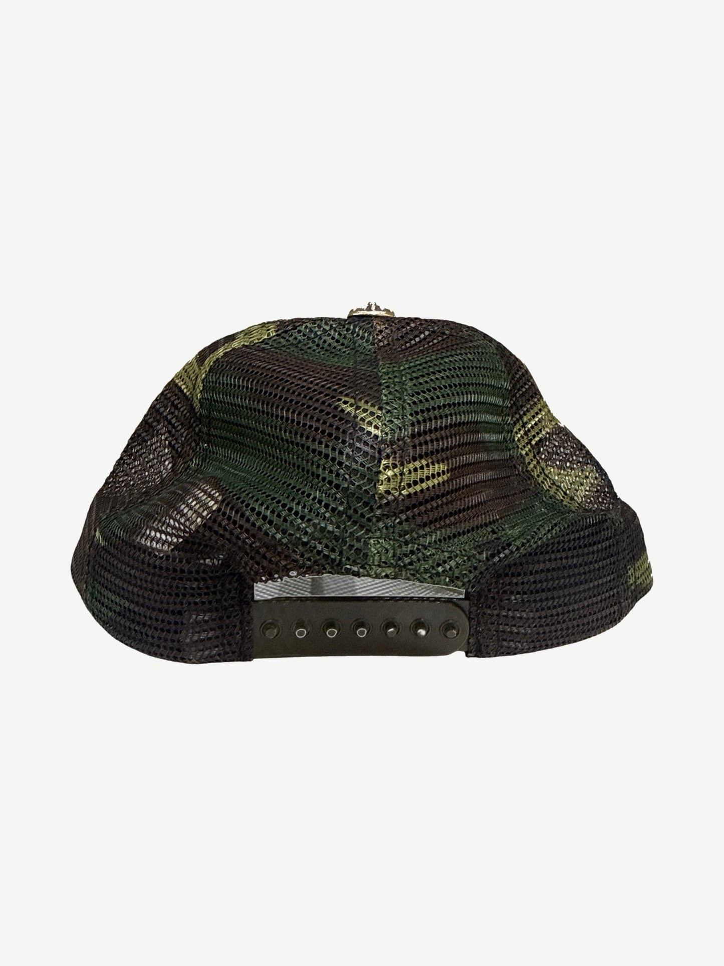 Back of Chrome Hearts Hollywood trucker hat showing white mesh paneling and adjustable snapback closure.