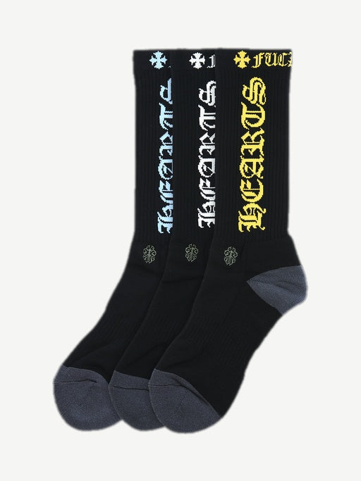 Chrome Hearts black athletic crew socks 3-pack with blue, white and yellow gothic logo lettering and grey toes