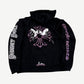 Chrome Hearts Deadly Doll hoodie back in black with large pink cross and pinup girl graphic and gothic sleeves