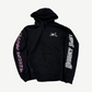 Chrome Hearts Deadly Doll hoodie front in black with small pink chest graphic and gothic sleeve text print