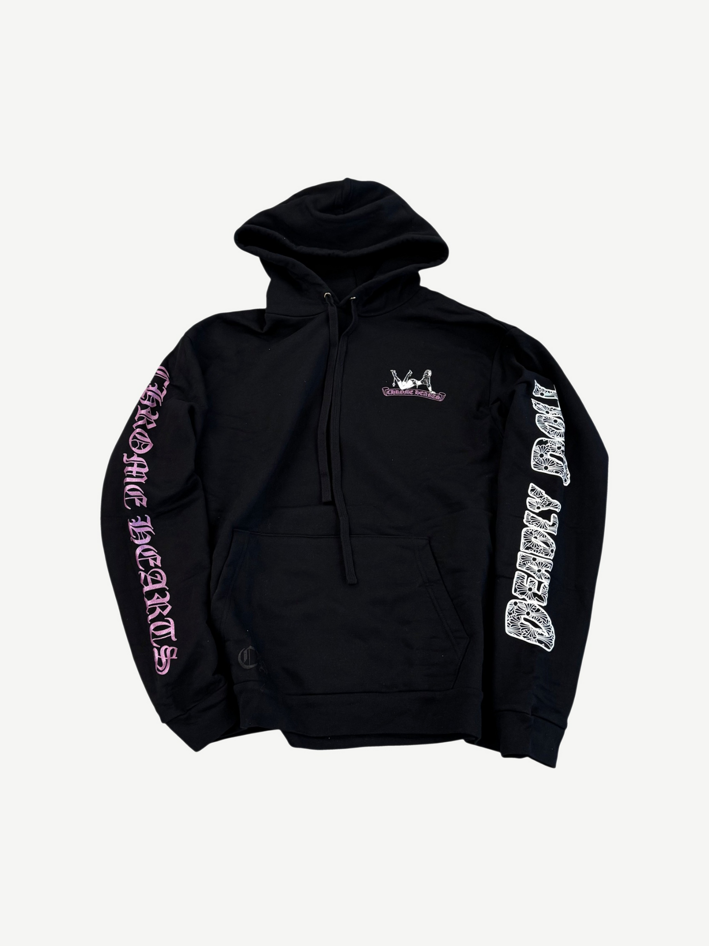 Chrome Hearts Deadly Doll hoodie front in black with small pink chest graphic and gothic sleeve text print