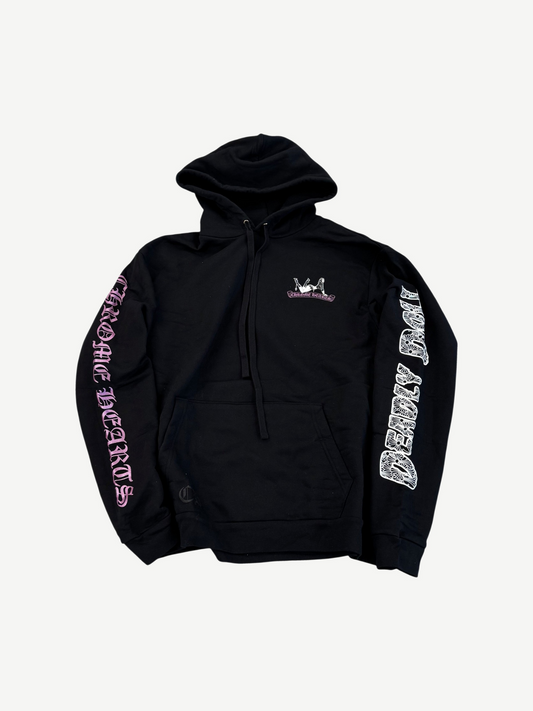 Chrome Hearts Deadly Doll hoodie front in black with small pink chest graphic and gothic sleeve text print