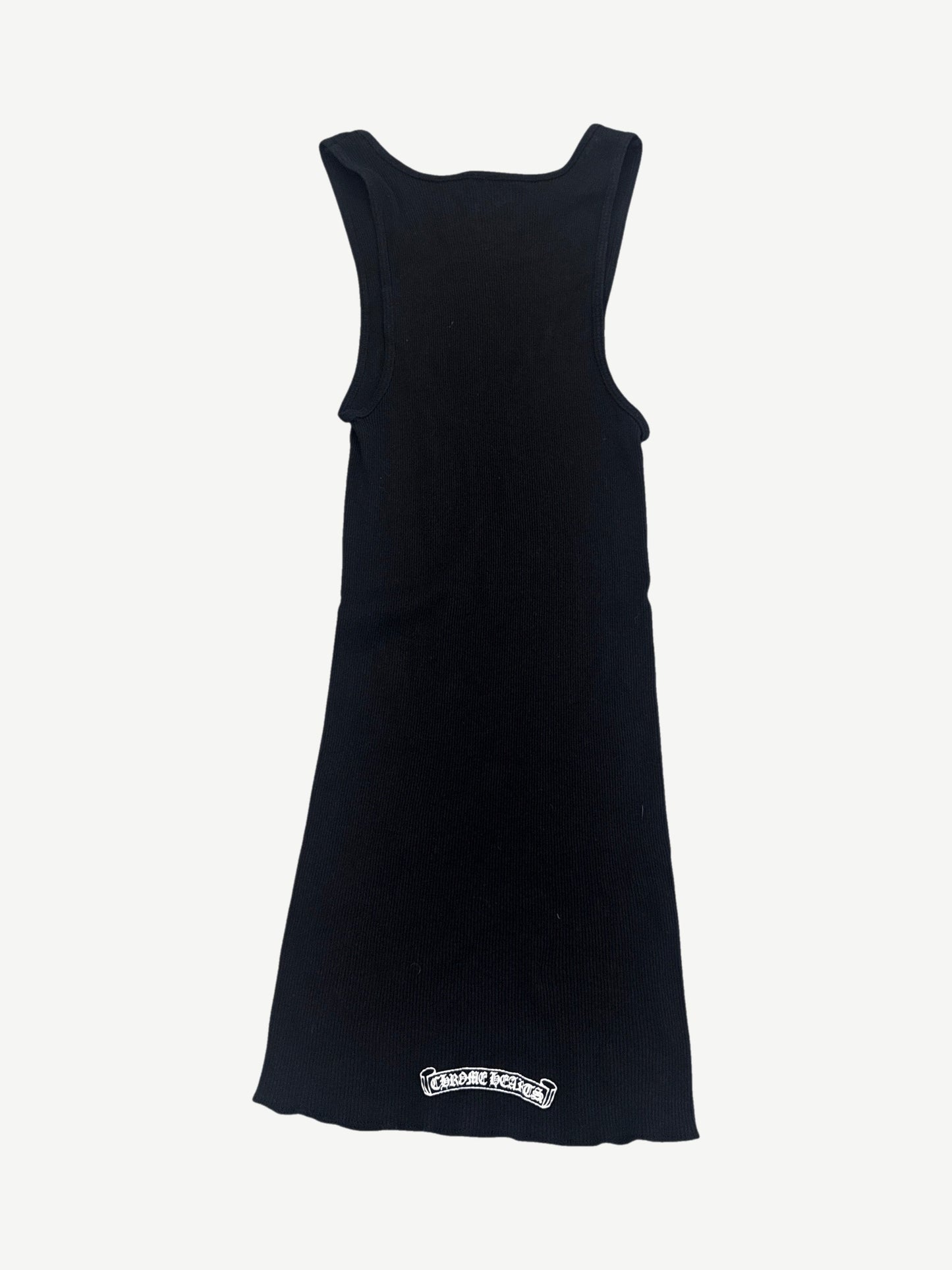 Chrome Hearts black Dirty Cross tank top back view in ribbed black with white Chrome Hearts hem scroll