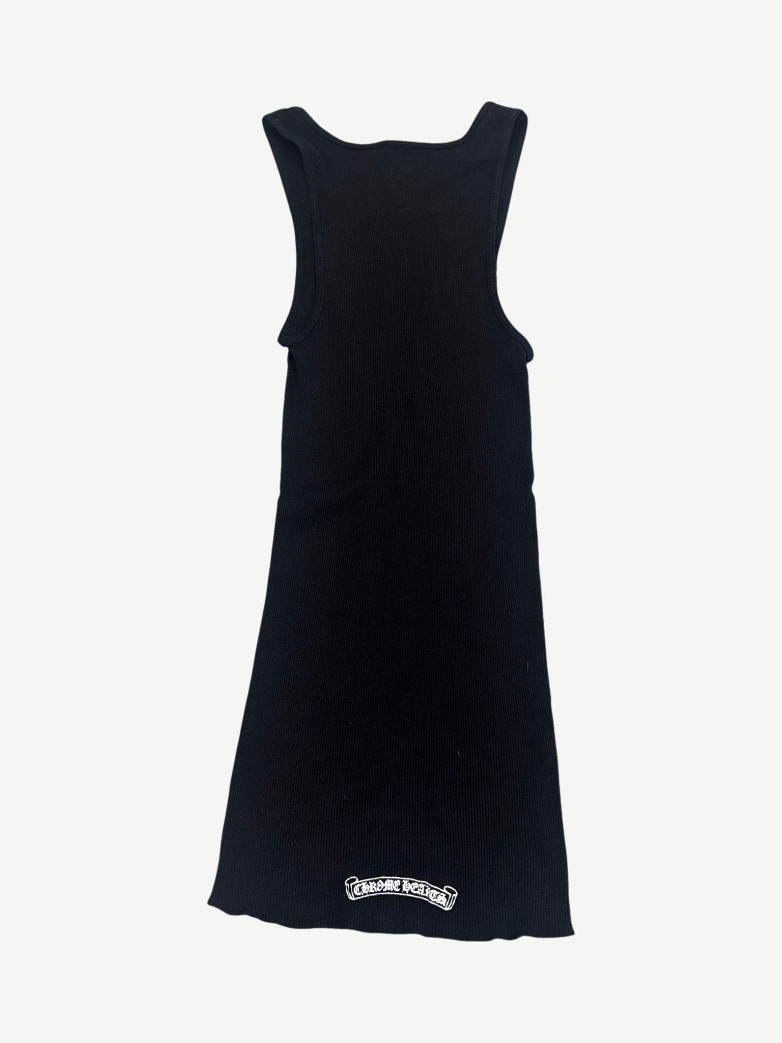 Chrome Hearts black Dirty Cross tank top back view in ribbed black with white Chrome Hearts hem scroll