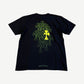 Back of Chrome Hearts black tee with green and yellow Cemetery Cross graveyard graphic print.