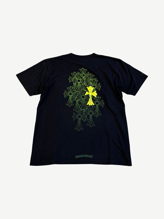 Back of Chrome Hearts black tee with green and yellow Cemetery Cross graveyard graphic print.