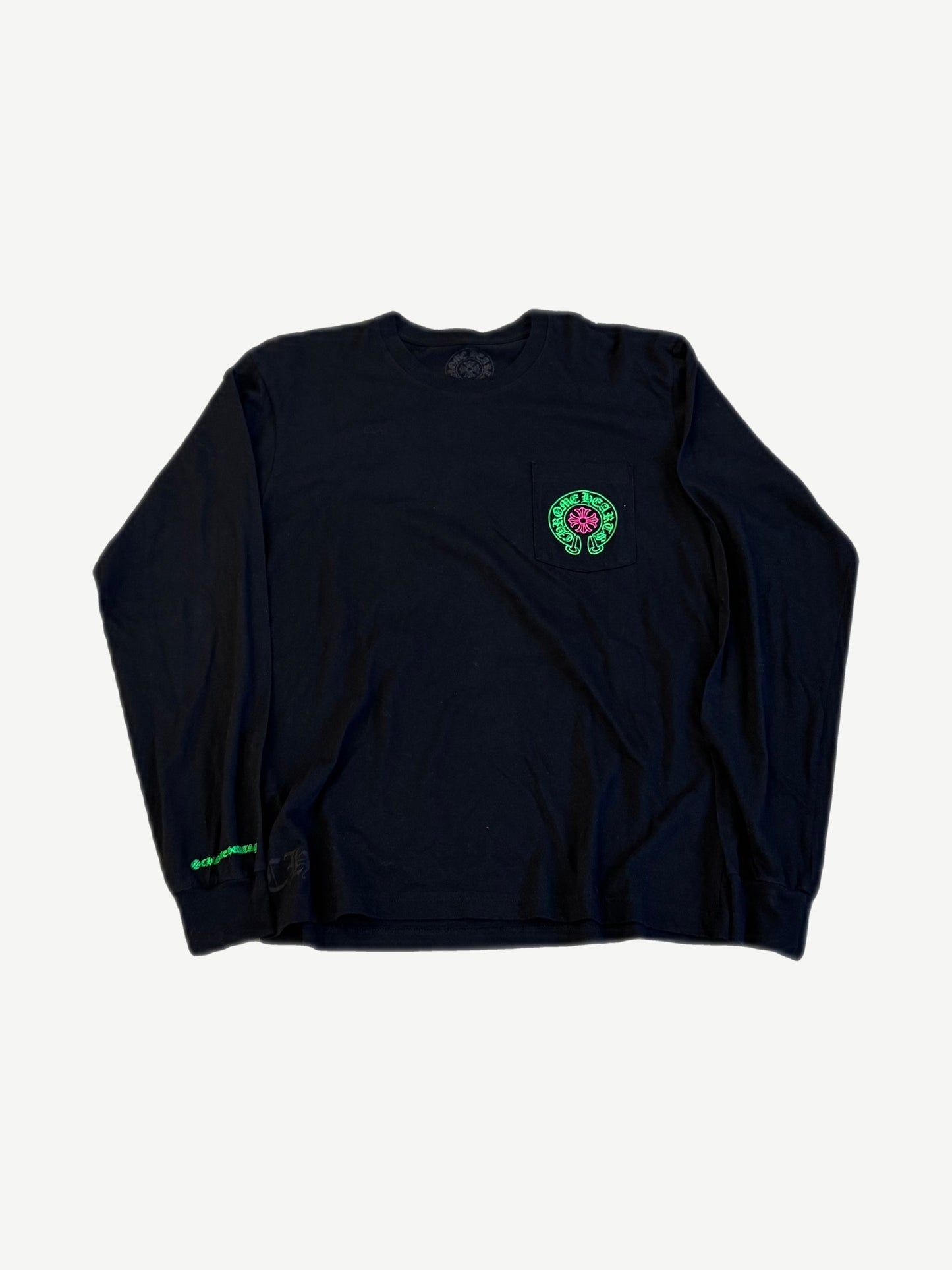 Chrome Hearts black Staff longsleeve front with green and pink horseshoe cross pocket logo and sleeve print