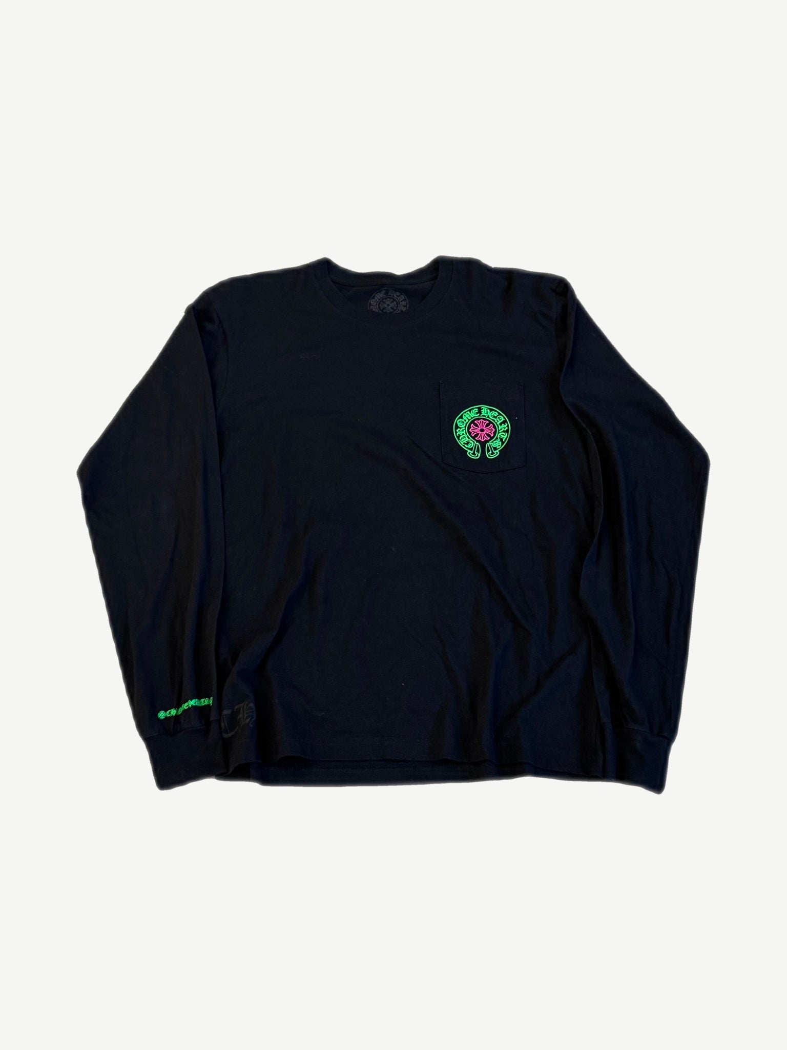 Chrome Hearts black Staff longsleeve front with green and pink horseshoe cross pocket logo and sleeve print