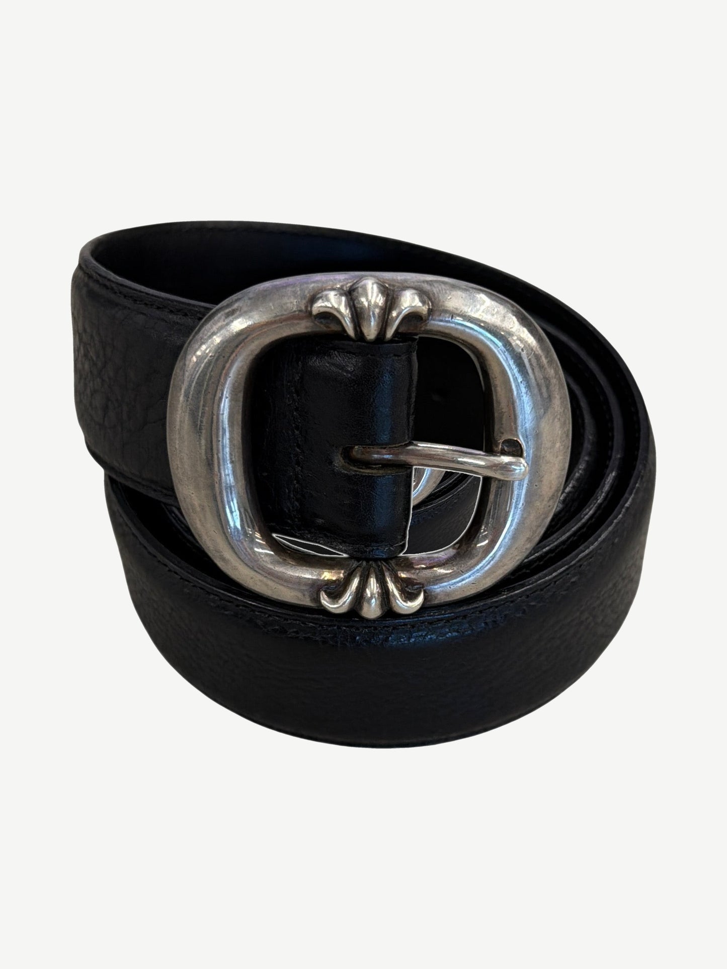 Chrome Hearts black leather Gunslinger belt with oversized sterling silver oval buckle and fleur-de-lis details