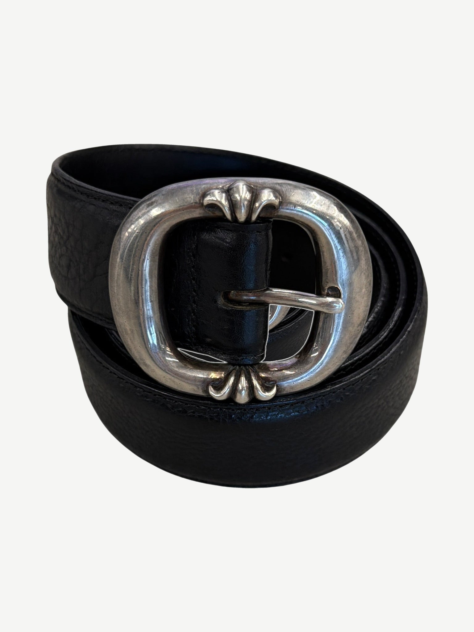 Chrome Hearts black leather Gunslinger belt with oversized sterling silver oval buckle and fleur-de-lis details